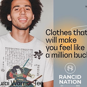 Samurai T-Shirt Japanese Warrior with Katana and colorful Kimono Japan Bushido Code Kanji Japanese Sword Vintage Asian Art men cotton tee