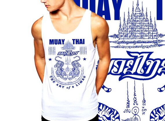 Muay Thai Tank Top Thai Boxing Tiger Style Blue Yak Sant