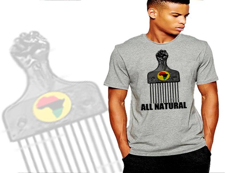 Afro Pick T-Shirt All Natural African Map Black History Month Afro Fist Men Cotton Tee