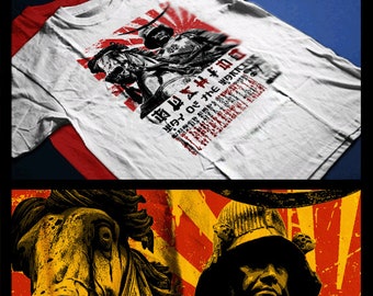 Samurai T-Shirt Japanese Shogun on horseback with Kabuto and Kanji Script