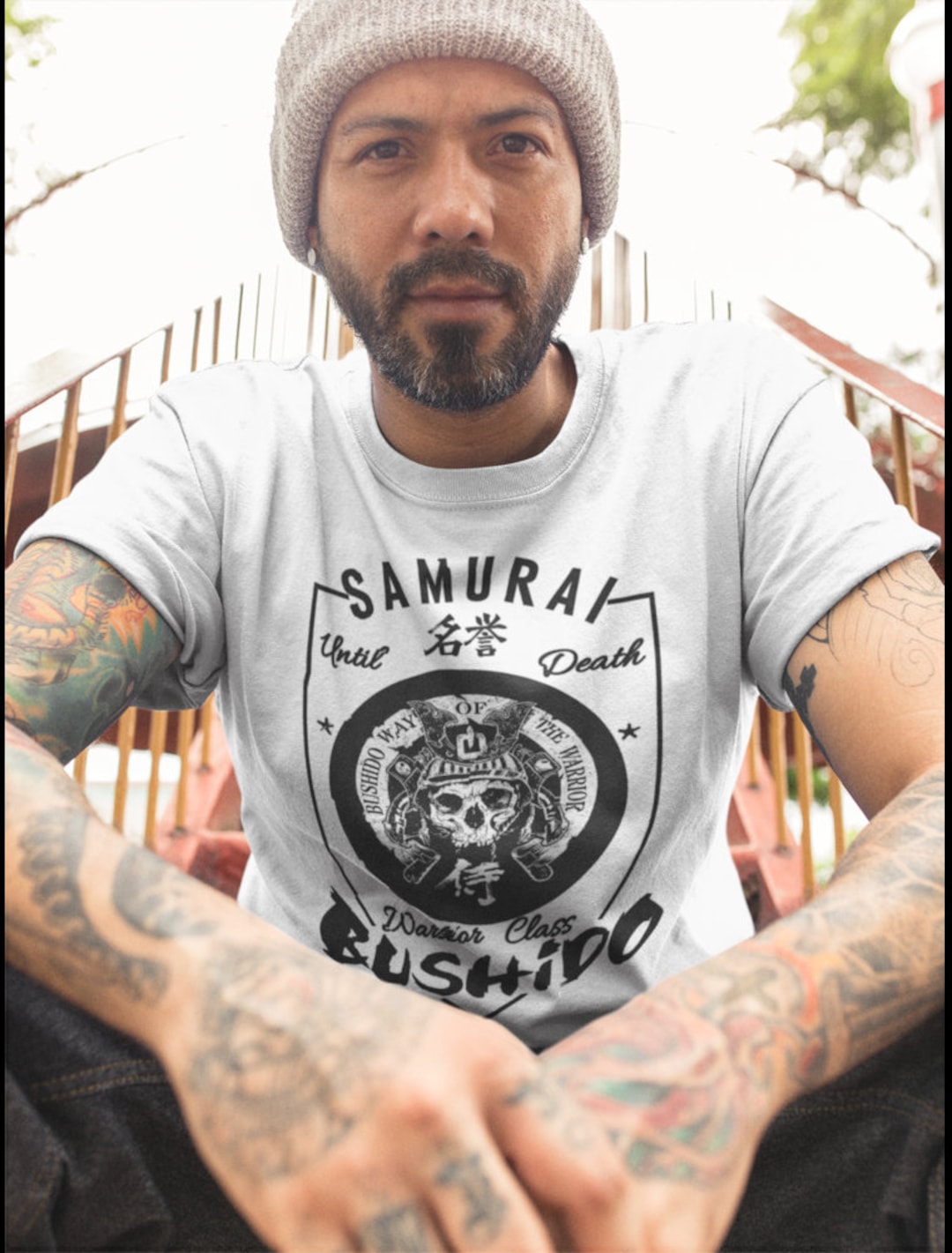 Men’s Samurai Skull Graphic T-Shirt – Japanese Warrior Style Half Sleeve Streetwear Tee