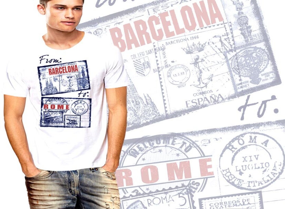 Spain T-shirt Barcelona to Rome Vacation Postcard Collage Men Cotton