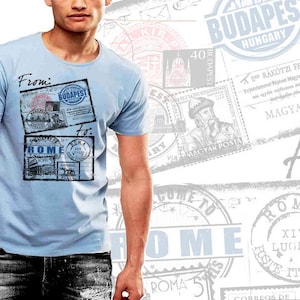Camiseta Budapeste Budapeste para Roma Cartão postal de férias Colagem masculina Camiseta de algodão