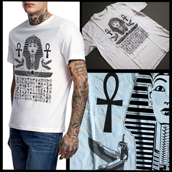 Ancient Egypt Ankh And Egyptian Pharoah King Tut Hieroglyphics Winged Diety Eye Of Osiris Sphinx Kemet T-Shirt