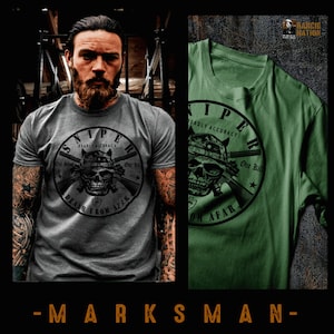 May include: Two t-shirts with a skull and crossbones design. The design features the words "Sniper", "Deadly Accuracy", "One Kill", and "Death From Afar".