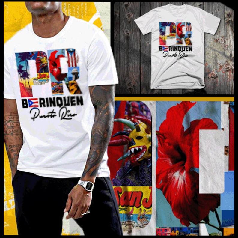 May include: White t-shirt with a colorful graphic of the letters "PR" made up of images of Puerto Rican culture. The text "BERINQUEN Puerto Rico" is below the graphic.