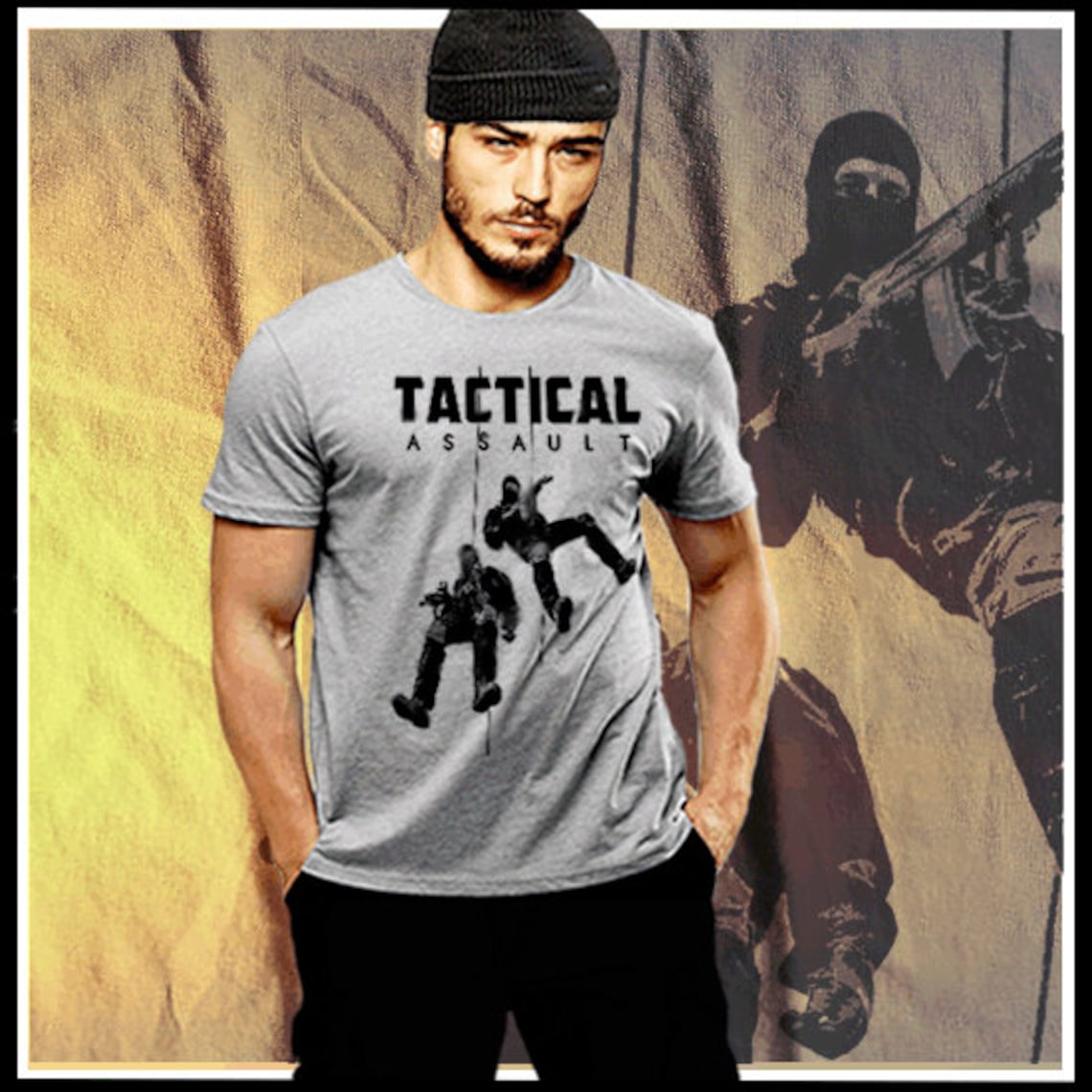 black t shirt and army pants