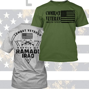 May include: Two t-shirts, one gray and one green, with the text "Combat Veteran" and an American flag. The gray shirt has the text "Battle of Ramadi Iraq" on the back.