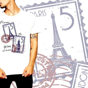 Paris camiseta paris para londres torre eiffel e big ben férias cartão postal colagem masculina algodão t