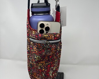 Red polkadot, Water bottle bag, H20ToGo, Crossbody, Shoulder sling, Waterproof canvas, Slip pocket for cell, zipper pocket for small items.