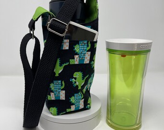 Green dinosaurs ,child, boys Water bottle sling, H202Go, Crossbody/Shoulder, Waterproof canvas, Slip pocket for cell,