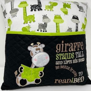 Grey Giraffe on Black quilted pocket, Green, White, Child, Reading Pillow, Book pocket, Reading pocket pillow, Reading Poem,  Birthday Gift