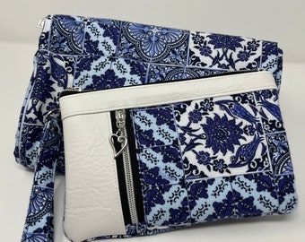 Blue and white print Zippy Clutch or Wristlet, Top zipper closure, Vertical zipper pocket perfect for a cell phone, glasses, keys or cards