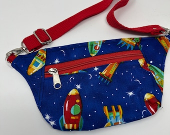 Rocket the moon fanny pack, Children, boy, girl hip pouch, hip bag, fanny pack, waist pouch, Hands free, shoulder or crossbody, bum bag