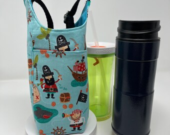 Pirates on blue ,child, boys,  Water bottle sling, H202Go, Crossbody/Shoulder, Waterproof canvas, Slip pocket for cell,