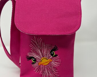 Crossbody phone bag, Wallet purse, Handmade, Embroidered Ostrich on Pink Waterproof Canvas, Coordinating interior fabric