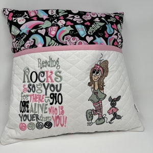 Brunette Teen, Reading pillow, Reading rocks, Quilted pocket, Reading pocket pillow, Rock n Roll, Reading Poem, Christmas, Birthday Gift
