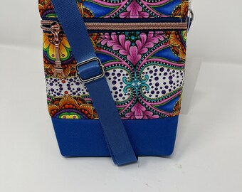 Blue /pink Crossbody phone bag, Cell phone bag, Handmade, Exterior zipper pocket, Blue base, Gift for her, Christmas gift