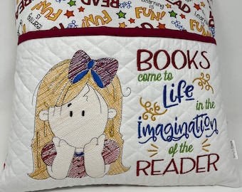 Let's Read pillow, Book pocket, Imagination, Girls reading pocket pillow, Red, Yellow, and Blue, 16 in pillow,  Quilted Pocket, Reading poem