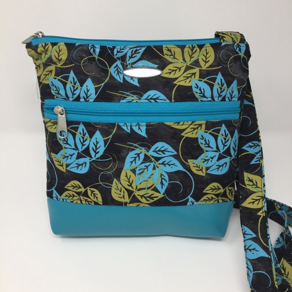 Turquoise black and green Crossbody bag, Two zip hipster, Exterior zipper pocket for glasses or phone, Adjustable shoulder strap bag