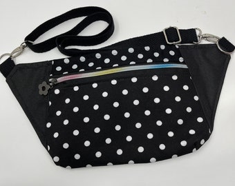 Black/ white polkadot, fanny pack, Men/Women or Teen hip pouch, hip bag, fanny pack, waist pouch, Hands free, shoulder or crossbody, bum bag