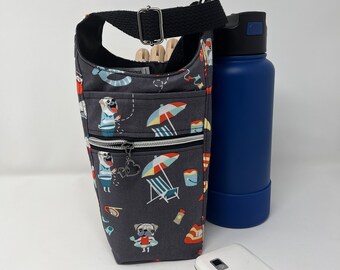 Pugs at the beach, Water bottle bag, H202Go, Crossbody Shoulder sling, Waterproof canvas, Slip pocket/cell, zipper pocket for small item.