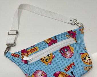 Shopkins inspired fanny pack, Children's hip pouch, hip bag, fanny pack, waist pouch, Hands free, shoulder or crossbody, bum bag
