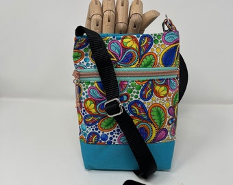 Turquoise paisley, Crossbody phone bag, Cell phone bag, Handmade, Exterior zipper pocket, Turquoise base, Gift for her, Christmas gift
