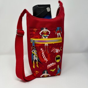 WW, Bat Girl, Super Girl, Water bottle sling, H20ToGo, Crossbody/Shoulder, Waterproof canvas, Slip pocket for cell, zip pocket for cash.