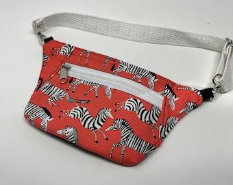 Zebra on Coral fanny pack, Children's hip pouch, hip bag, fanny pack, waist pouch, Hands free, shoulder or crossbody, bum bag