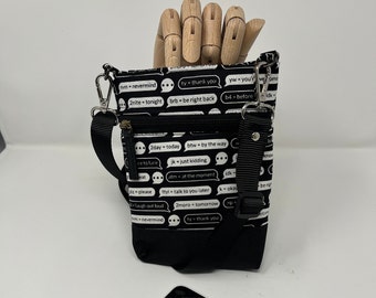 Black and white, LOL, BTW, Crossbody phone bag, Cell phone bag, Handmade, Exterior zipper pocket, waterproof canvas, Gift for her, Christmas