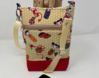 Asian toy girls,Crossbody phone bag,Cell phone bag, Handmade, Exterior zipper pocket, Multicolor, waterproof canvas, Gift for her, Christmas