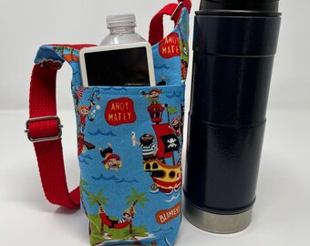 Ship Ahoy pirates, child, boys Water bottle sling, H202Go, Crossbody/Shoulder, Waterproof canvas, Slip pocket for cell