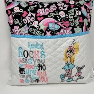 Blonde Teen, Reading pillow, Reading rocks, Quilted pocket, Reading pocket pillow, Rock n Roll, Reading Poem, Christmas, Birthday Gift