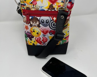 Emoji Crossbody phone bag, Cell phone bag, Handmade, Exterior zipper pocket, yellow/ black print, waterproof canvas, Gift for her, Christmas