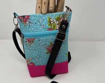 Pink flowers on blue polkadot , Crossbody phone bag, Cell phone bag, Handmade, Exterior zipper pocket, Pink base, Gift for her, Christmas