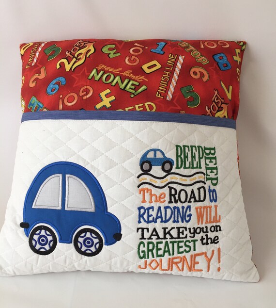 Beep Beep Boys Reading Pillows Race Cars Quilted Pocket Etsy