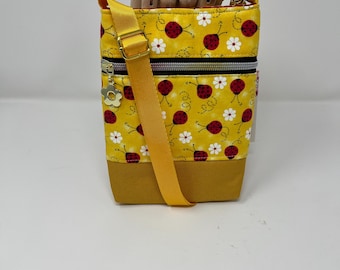 Red Ladybugs on yellow, Crossbody phone bag, Cell phone bag, Handmade, Exterior zipper pocket, Red base, Gift for her, Christmas gift