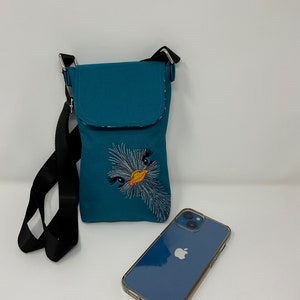 Crossbody phone bag, Wallet purse, Handmade, Embroidered Ostrich on Turquoise Waterproof Canvas, Coordinating interior fabric