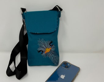Crossbody phone bag, Wallet purse, Handmade, Embroidered Ostrich on Turquoise Waterproof Canvas, Coordinating interior fabric