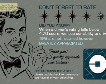May include: A retro-style illustration of a man with a thumbs up, encouraging customers to rate their Uber ride with five stars. The text reads "Don't forget to rate", "Did you know? When a driver's rating falls below 4.70 score, we lose our ability to drive." and "Tips are not required however greatly appreciated". The Uber logo is in the bottom right corner.