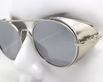 Round oval sunglasses man woman silver frame mirror silver lens Steampunk cyberpunk futuristic cyber aviator