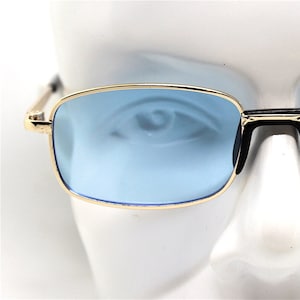 Rectangular sunglasses man woman gold metal frame blue light lens steampunk, Sunglasses man woman rectangular gold light blue lens
