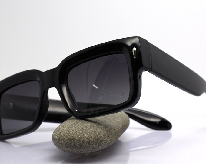 Featured listing image: POLARIZED MEN'S SUNGLASSES Made in Italy, thick rectangular frame retro total black, Quality polarized lenses black smoke gradient, Hipster