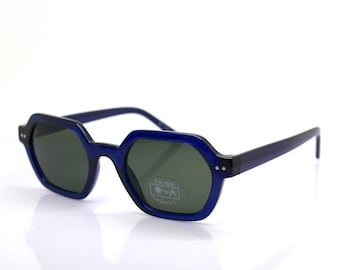 HEXAGON SUNGLASSES man woman, retro classic shape glasses, dark blue crystal transparent frame, G15 green lens, thick frame sunglasses