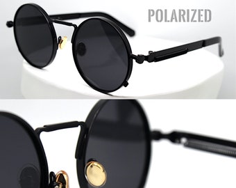 POLARIZED Steampunk round sunglasses man woman black metal frame black lens industrial style with mechanical spring Vampire gothic rock punk