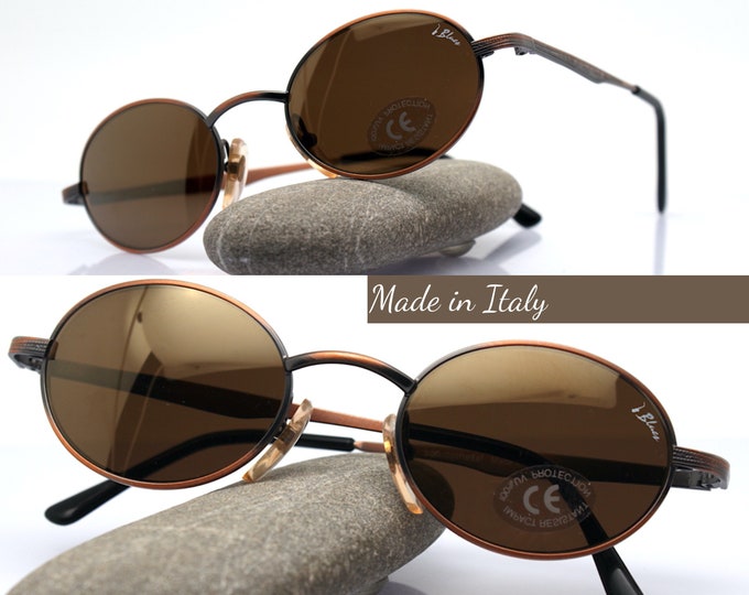 Featured listing image: Sunglasses man woman classic round oval gunmetal bronze/cooper metal frame slightly mirrored brown lens vintage 90s retrò rock Made in Italy