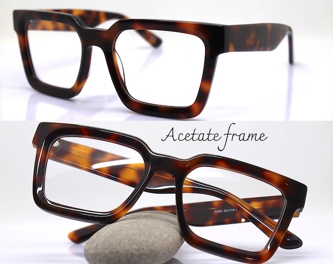 Featured listing image: Classic square eyewear optical frame brown tortoise acetate frame retro vintage Hipster style 50s 60s quality glasses model for men & women