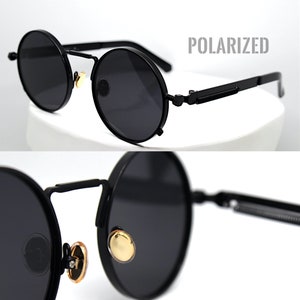 POLARIZED Steampunk round sunglasses man woman black metal frame black lens industrial style with mechanical spring Vampire gothic rock punk