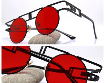 Round Oval sunglasses men woman black frame red lens Steampunk cyberpunk rock punk Sunglasses men women retro round black red